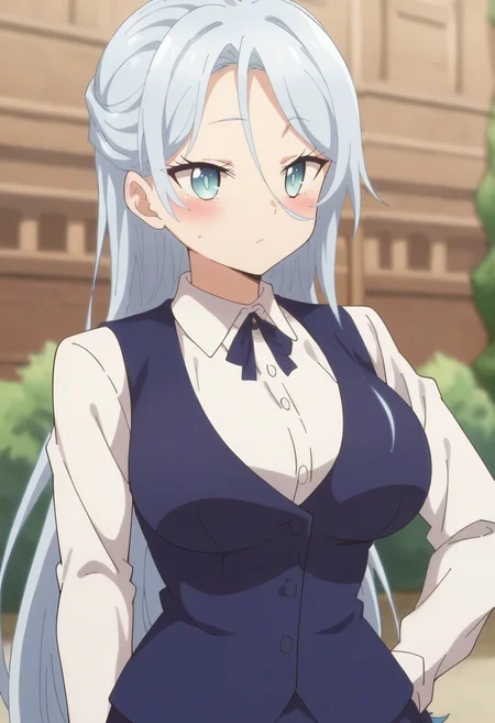 <lora:Sylpha:1> sylpha, long_hair, 1girl, blue_eyes, blue_hair, solo, blush, large_breasts, vest, white_shirt,, score_9, score_8_up, score_7_up, , anime coloring ,BREAK source_anime, anime