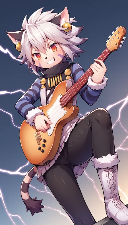 score_9, score_8_up, score_7_up, source_anime
BREAK
<lora:ElhPDXL:1> elh, 1girl, solo, furry female, cat girl, cowboy shot, dutch angle, contrapposto, holding instrument, playing instrument, electric guitar, (lightning bolt, electric background:1.2), grin, angry, cute, red eyes, orange eyes, body fur, elhattire, fur-trimmed sleeves, fur trim, black pants, white boots, cat ears, white hair, short hair, shiny hair, earrings, facial mark, animal nose, striped tail, striped sleeves