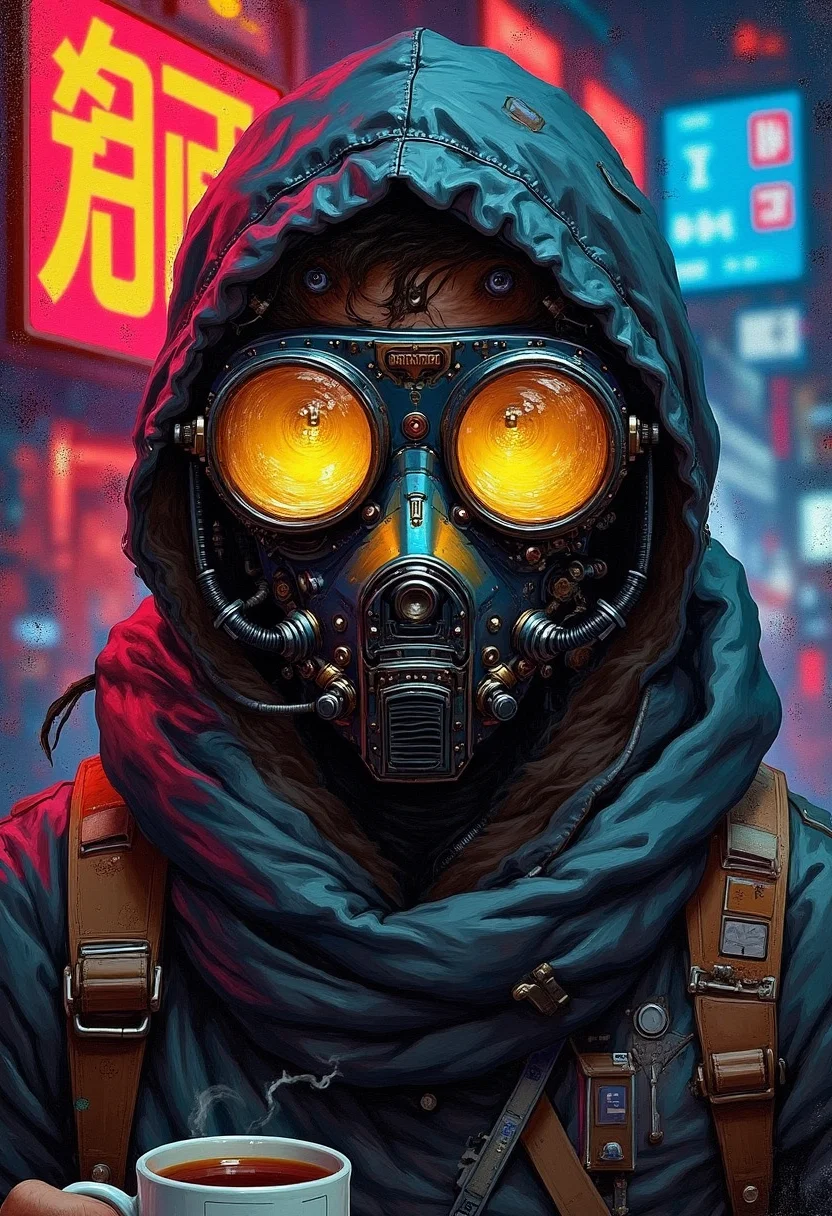 yfg-f@ce, Portrait of a warmly dressed man like a homeless with glowing yellow eyes, small Gas mask, hood, neon sign in the background, stalker, steampunk style, smoke, mini robot on shoulder, holding a mug of tea, A music album, signed, dark background, purple eyes, disco style, a lot of papers, sheets everywhere, half-written, The inscription on top of the painting , the inscription in the frame, mechanical parts, abstract background, expressionist, harsh brushstrokes, multicolored background, red blue and yellow colors, (((masterpiece,best quality,newest))).