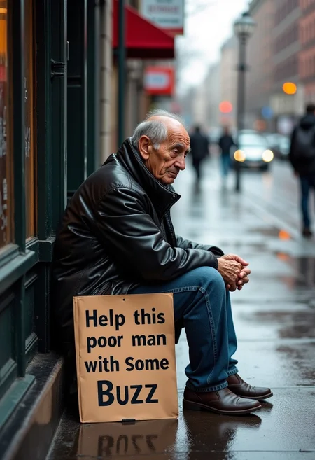 Sad poor old man sitting at the sidewalk at rainy street in NY with a sign with the text "Help this poor man with some Buzz"