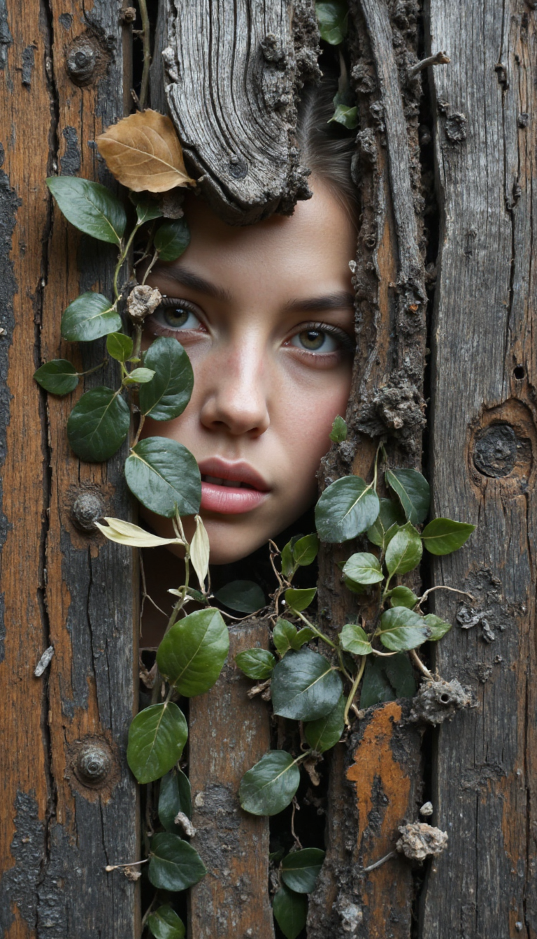 A woman's face, bisected vertically, positioned against a light beige wooden plank wall.  The left half of her face is shrouded in deep, moody shadows, while the right half is lit warmly, with a focus on the smooth, porcelain-like skin tone.  The left half features a floral headdress composed of various white flowers, leafy greens, and small bluish berries.  A delicate, translucent yellow piece of fruit rests on the eye. The woman's eyes are closed, and her lips are a soft peachy-orange.  The wood planks are a light beige color, and the overall aesthetic is a blend of still life and portraiture, with a touch of surrealism.  The flowers and leaves are detailed and seem to float against the backdrop.  The image evokes a beauty that is both natural and stylized, almost impressionistic, with a dramatic contrast in lighting and tone between the two sides of the face, while maintaining a soft focus, suggesting a delicate aesthetic.