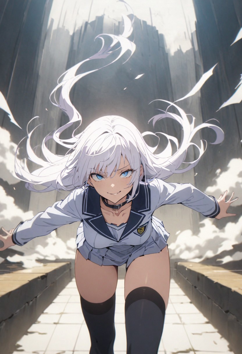 score_9, score_8_up, score_7_up, score_6_up, masterpiece, best quality, absurdres, cinematic, dynamic, perfect composition, solo, 1girl, gojou satoru, blue eyes, white hair, long hair, medium breast, collar, school uniform, short skirt, thigh highs, smirk, standing, close up, looking at viewer,