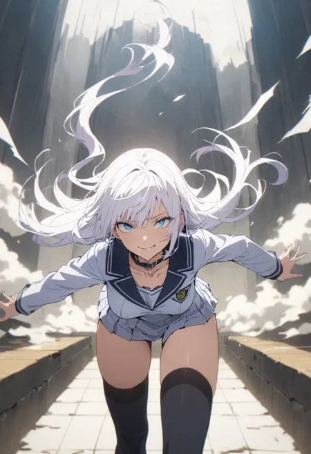 score_9, score_8_up, score_7_up, score_6_up, masterpiece, best quality, absurdres, cinematic, dynamic, perfect composition, solo, 1girl, gojou satoru, blue eyes, white hair, long hair, medium breast, collar, school uniform, short skirt, thigh highs, smirk, standing, close up, looking at viewer,
