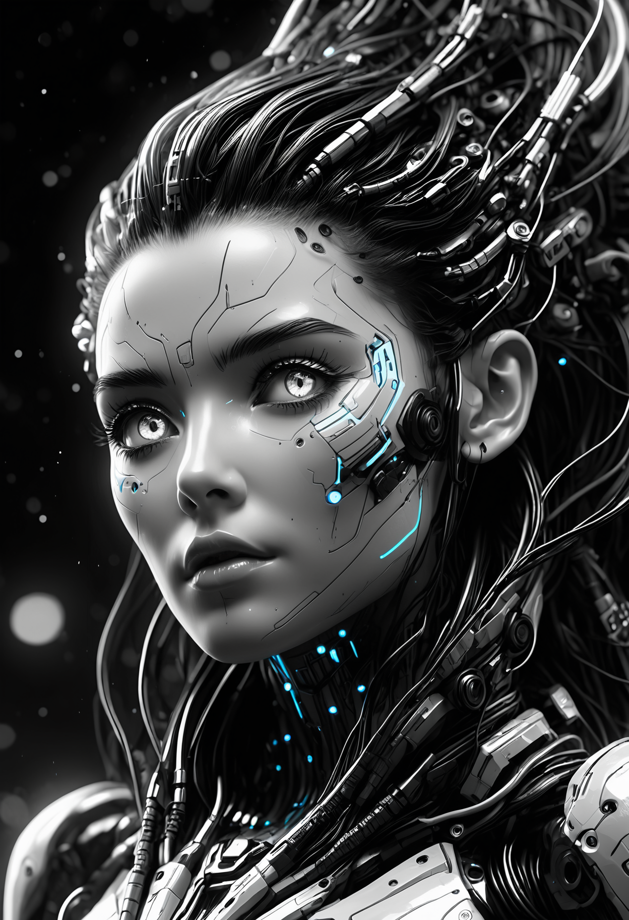 A black and white 200mm wide shot of Aloy from Horizon, with high detailed and beautiful eyes, in a tilt_shift style, set in A deep-sea abyss illuminated by eerie glowing creatures, a dynamic sleeping pose and an panic expression. The scene is illuminated by dynamic chiaroscuro lighting, enhancing the adorable atmosphere. Electric arcs dancing along exposed wires. A captivating illustration, bursting with ultra-HD richness, refined textures, and an immersive 8K quality. Each detail is masterfully refined, encapsulating the essence of the scene in stunning resolution., <lora:add-detail-xl:1>, <lora:JuggerCineXL2:0.75>, Jed-Cypnk, <lora:CyberpunkStyle:0.8>, eyeshd, <lora:Eyes_High_Definition:1>,