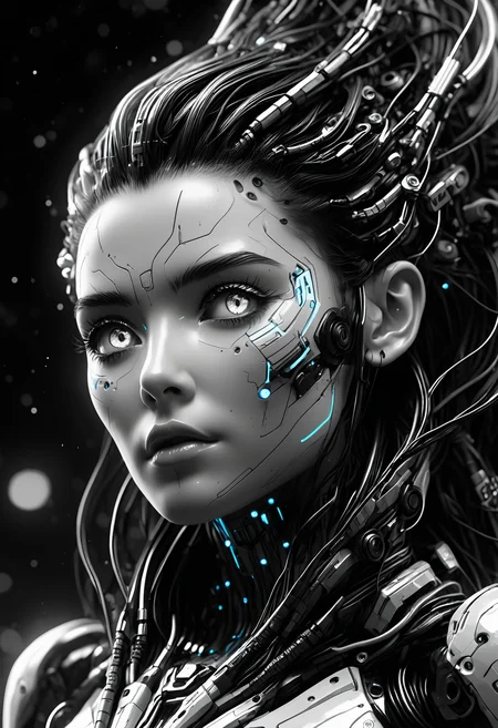 A black and white 200mm wide shot of Aloy from Horizon, with high detailed and beautiful eyes, in a tilt_shift style, set in A deep-sea abyss illuminated by eerie glowing creatures, a dynamic sleeping pose and an panic expression. The scene is illuminated by dynamic chiaroscuro lighting, enhancing the adorable atmosphere. Electric arcs dancing along exposed wires. A captivating illustration, bursting with ultra-HD richness, refined textures, and an immersive 8K quality. Each detail is masterfully refined, encapsulating the essence of the scene in stunning resolution., <lora:add-detail-xl:1>, <lora:JuggerCineXL2:0.75>, Jed-Cypnk, <lora:CyberpunkStyle:0.8>, eyeshd, <lora:Eyes_High_Definition:1>,