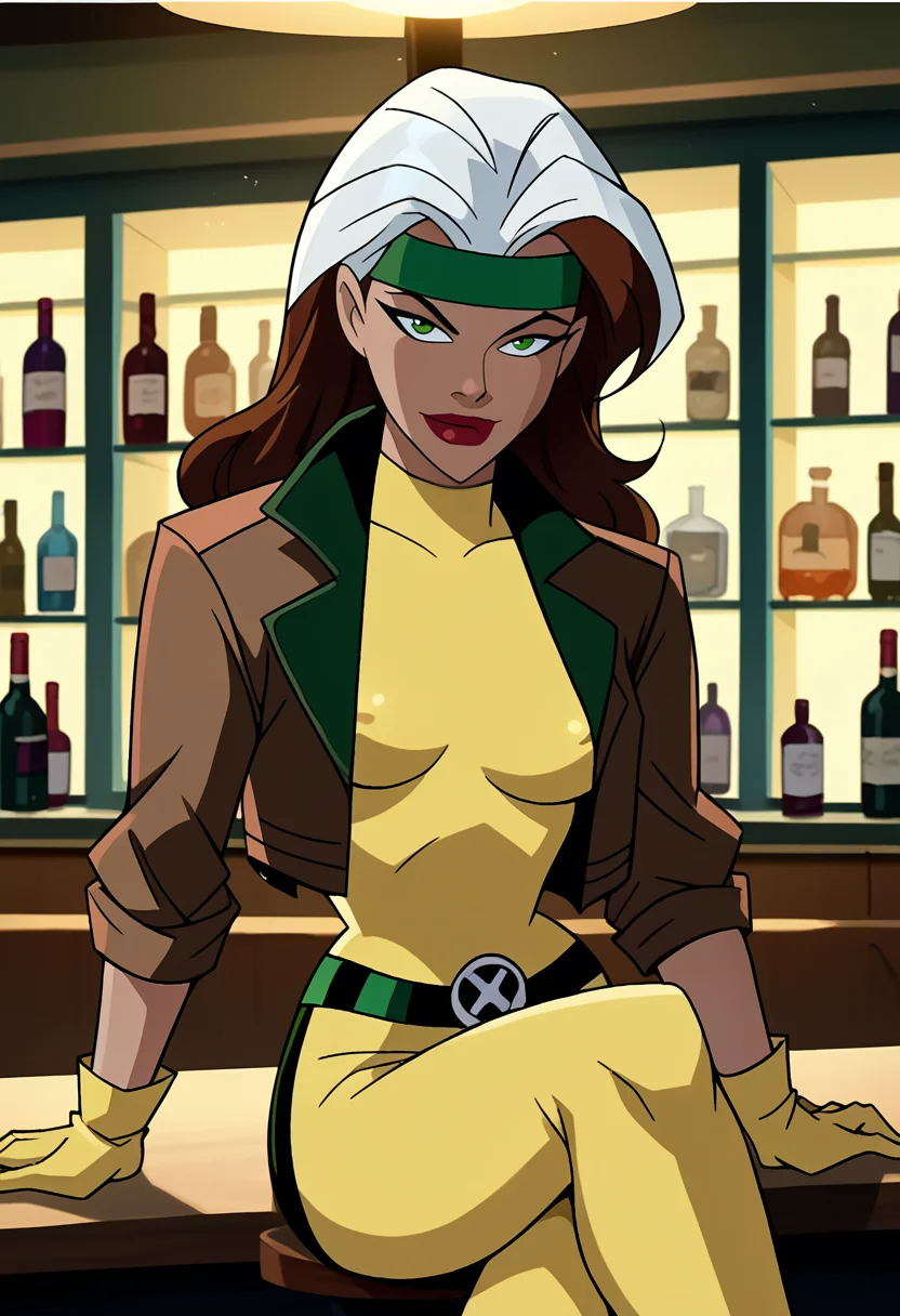 score_9, score_8_up, score_7_up, score_6_up, dcaustyle, 1girl, rogue /(x-men/), cowboy shot, green headband, yellow bodysuit, gloves, belt, bomber jacket, brown jacket, long sleeves, sitting, holding drink, wine glass, bottle, naughty face, looking at viewer, two-tone hair, curly hair, brown hair, white hair, bar, restaurant, covered nipples, bloom