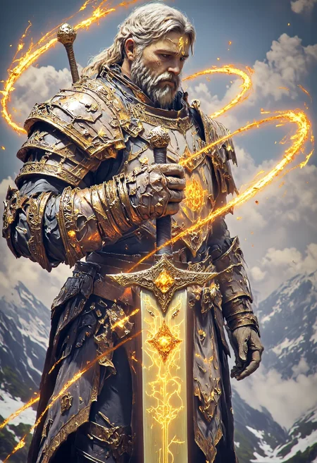 photoréalistic highly detailed  high-resolution  body-Shot photography featuring Tirion Fordring Old Noble Paladin, blue eyes, a wears a grey beard, grey mustache and grey long hair,he have large shoulders  .he wears a haighly detailed golden plate armor, he wears bearings, and gauntelts made yellow stained glass that glows with holy light, bordered with gold.He wears a long  tabard bordered with gold , the center is aborned with a glowing sun. He's handling a legendary sword of light named ashbringer with a big golden coin that glows embedded in the blade. he stands on a mountain .clear with some cloud and the sun is setting casting a warm atmosphere