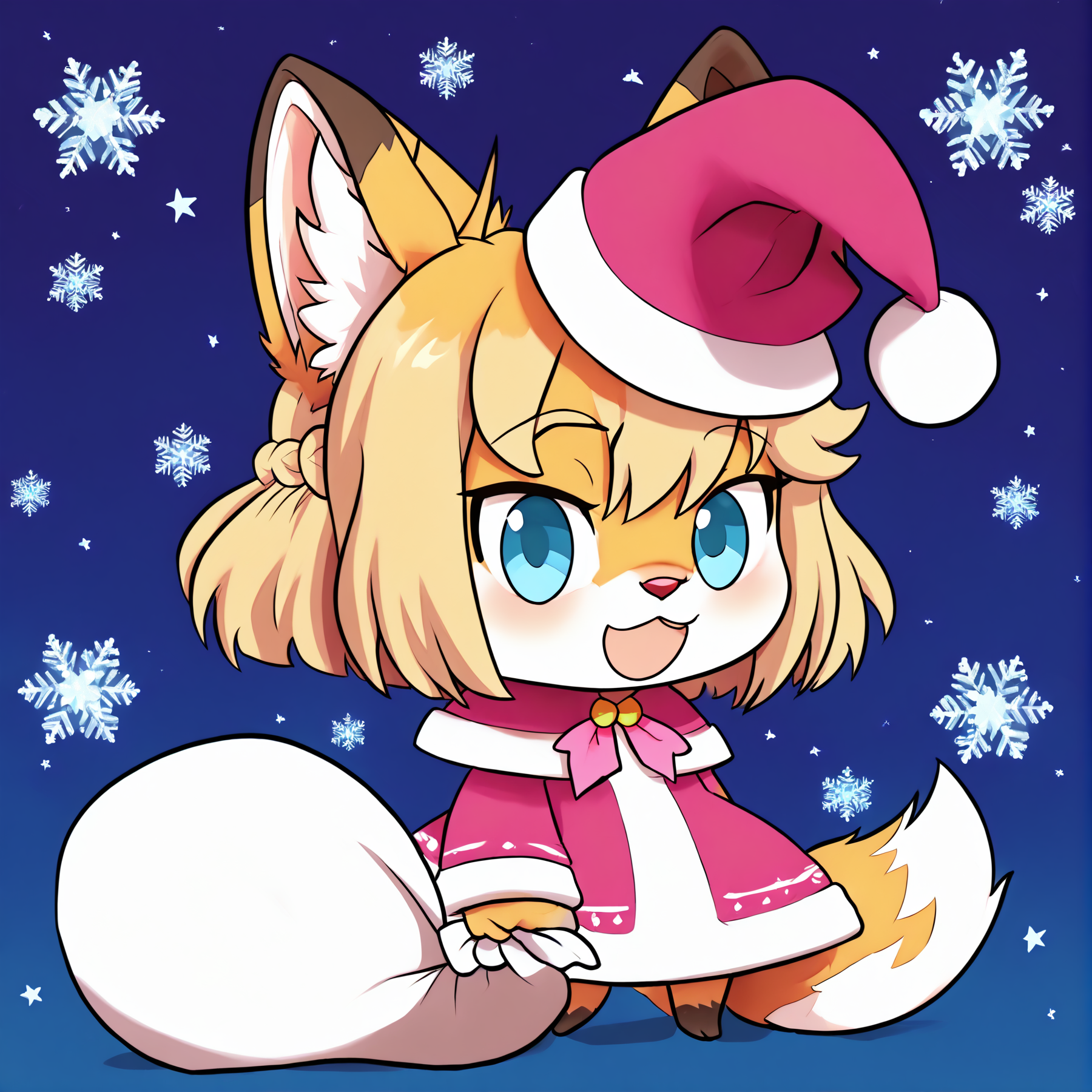 padoru <lora:padoru-IL-1.0:1>, <lora:Katinka_v01_PDXL:1>, masterpiece, perfect quality, best quality, anime coloring, 1girl, solo, padorumeme, padoru, simple dark blue background, Katinka, 1girl, solo, short hair, blonde hair, animal ears, fox ears, furry female, fox tail, blue eyes, hair bow, pink bow, fox girl, white fur, animal nose, bangs, body fur, two-tone fur, christmas background, score_9, score_8_up, score_7_up, score_6_up, score_5_up, score_4_up,