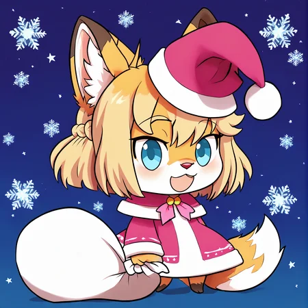 padoru <lora:padoru-IL-1.0:1>, <lora:Katinka_v01_PDXL:1>, masterpiece, perfect quality, best quality, anime coloring, 1girl, solo, padorumeme, padoru, simple dark blue background, Katinka, 1girl, solo, short hair, blonde hair, animal ears, fox ears, furry female, fox tail, blue eyes, hair bow, pink bow, fox girl, white fur, animal nose, bangs, body fur, two-tone fur, christmas background, score_9, score_8_up, score_7_up, score_6_up, score_5_up, score_4_up,
