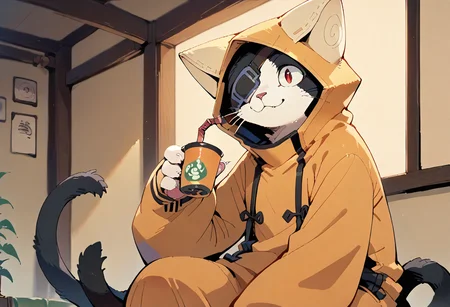 score_9,score_8_up,score_7_up,score_6_up,score_5_up,score_4_up,source_anime,male,kemono,solo,depth of field,ambient occlusion,cinematic lighting,smile,looking forward,sky,jubei,hoodie,red eyes,eyepatch,2 tails,cat,orange hoodie,animal hood,black fur,white fur,two-tone fur,sitting,indoors,drinking tea,japanese room,4 toes,standing,pawpads,smile,katana,<lora:Jubei:0.8>,<lora:pony_pony_2_adamW:1>,