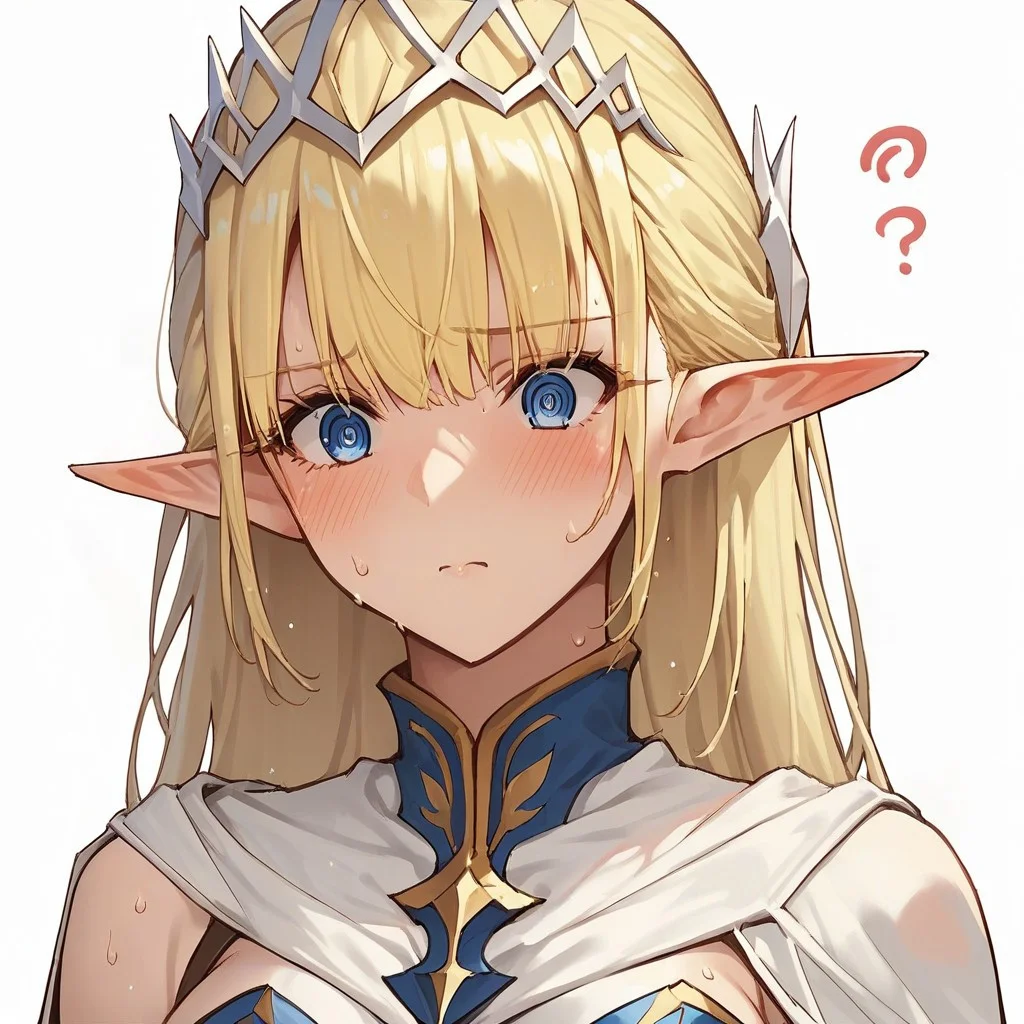 score_9,score_8_up,score_7_up ,seras_ashrain, 1girl, blonde hair, blue eyes, solo, pointy ears, elf, long hair, white background, bangs, breasts, simple background, tiara,
@ @, blush, sweat drop,