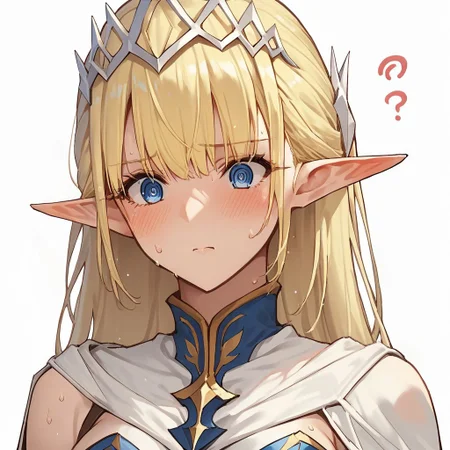 score_9,score_8_up,score_7_up ,seras_ashrain, 1girl, blonde hair, blue eyes, solo, pointy ears, elf, long hair, white background, bangs, breasts, simple background, tiara,
@ @, blush, sweat drop,