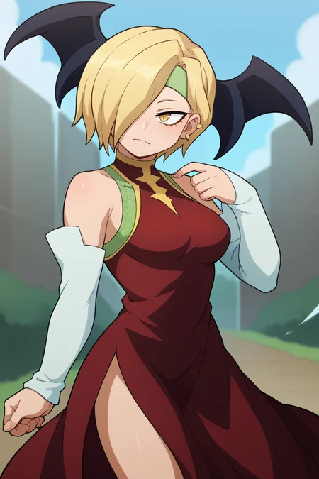 score_9, score_8_up, score_7_up, BREAK, <lora:manyakis-guy-PONYv1:1>, 1girl, solo, breasts,  <lora:mha_ryukotatsuma_ponyXL:0.95> tatsuma ryuko, headband, half mask, head wings, red dress, detached sleeves, tatsuma ryuko, hair over one eye, outdoors,