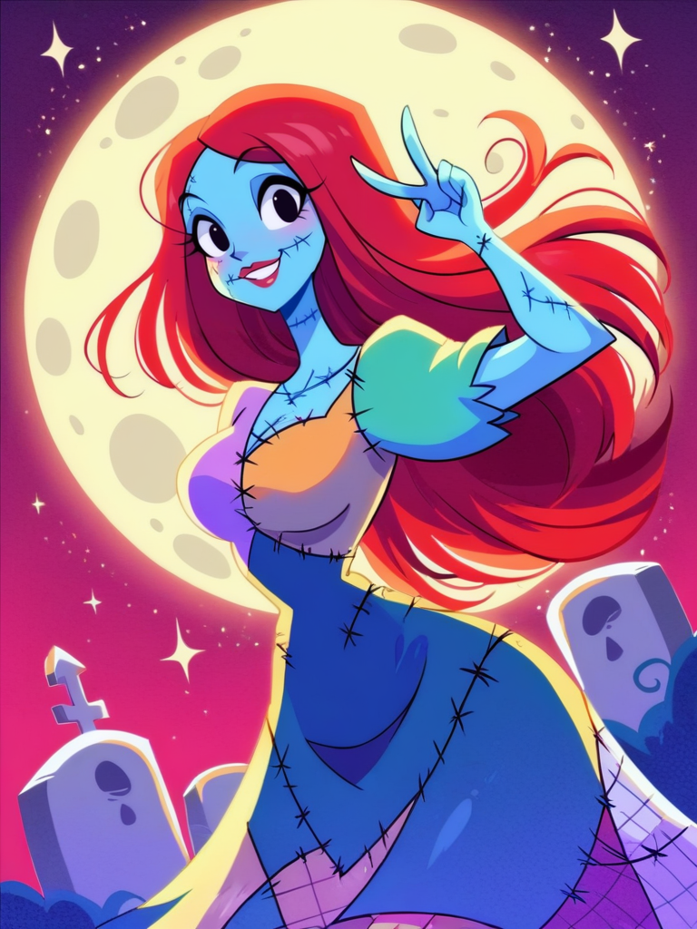 score_9, score_8_up, score_7_up, 1girl, v, looking at viewer, cowboy shot, detailed background, dynamic pose, dynamic angle, cute pose, graveyard, moon, night, from below, happy,
 <lora:SallyXLP_character:1>, SallyXLP, red hair, long hair, black eyes, stitches, dress, patchwork clothes, narrow waist, colored skin, blue skin, cartoon,