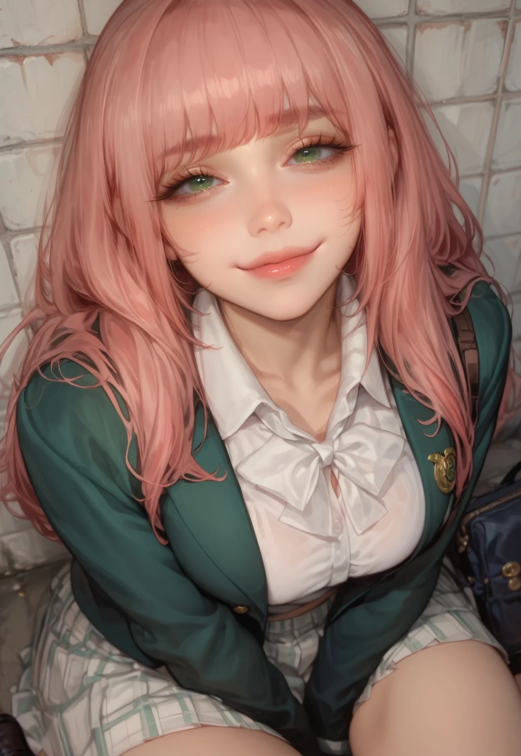 safe_pos, score_9, score_8_up, score_7_up, SFW, (((solo, solo focus))), (((long straight hair, pink hair, sharp bangs))), tearful expression, beautiful face, 20 years old, pale skin, hourglass body shape, large perfect breasts, blush, thick eyelashes, (((green eyes))), sexy lips, perfect lips, sharp nose, looking at viewer, closed mouth, blushing, sad look, (((sitting, smiling))), (((school uniform, green blazer, white blouse, khaki colored skirt))), outdoors, rooftop, fantasy, ((from above, depth of field))