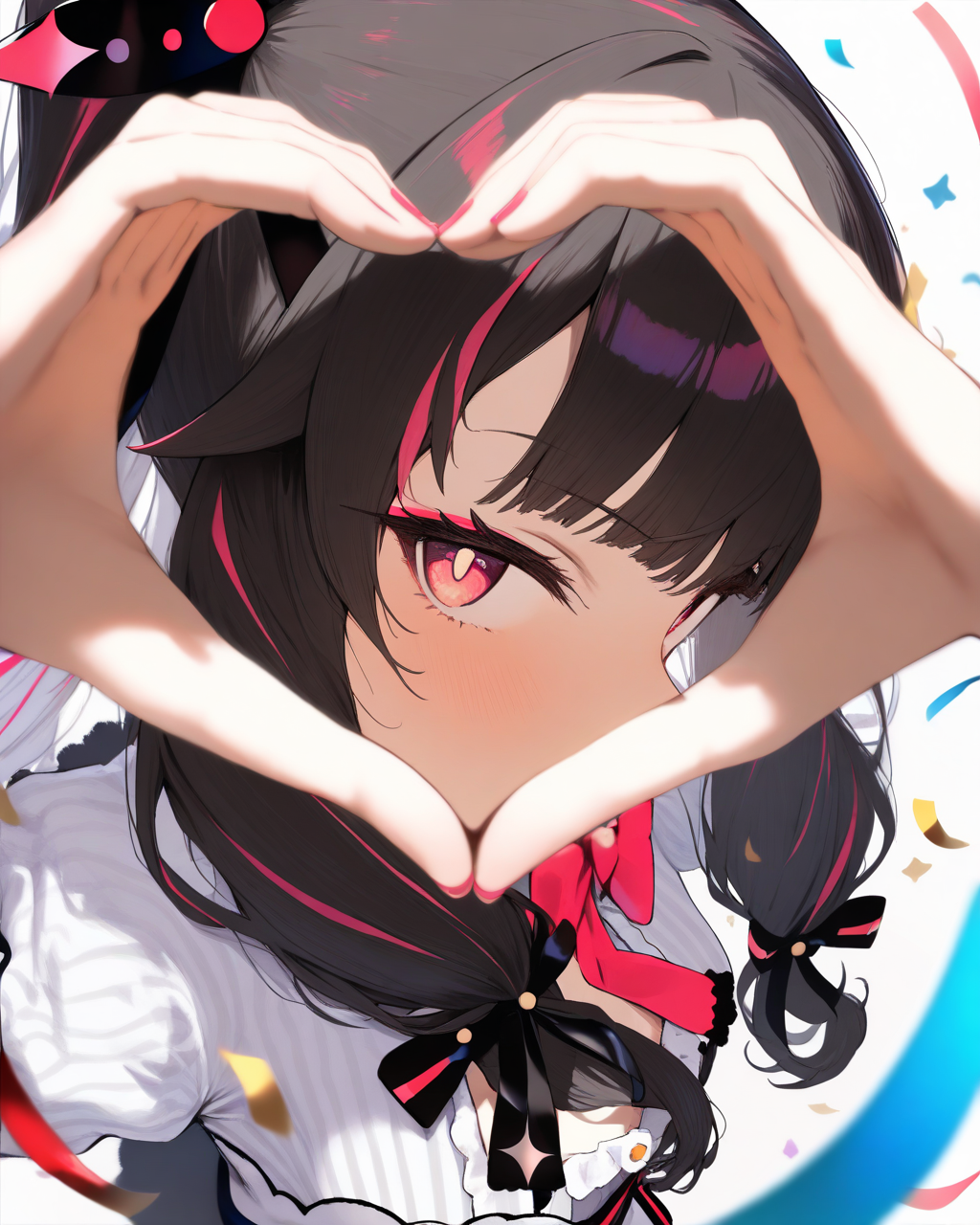 1girl,
YorumiRenaNijisanji,
YorumiRenaNijisanji1stCostume,
safe, solo, perspective, profile, from above,
beautiful eyes, looking at viewer,
dynamic pose, covering mouth, heart hands,
simple background, confetti,
depth of field,
<lora:kp_YorumiRenaNijisanjiAnimagineXL_v1_1:1.0>
masterpiece, high score, great score, absurdres