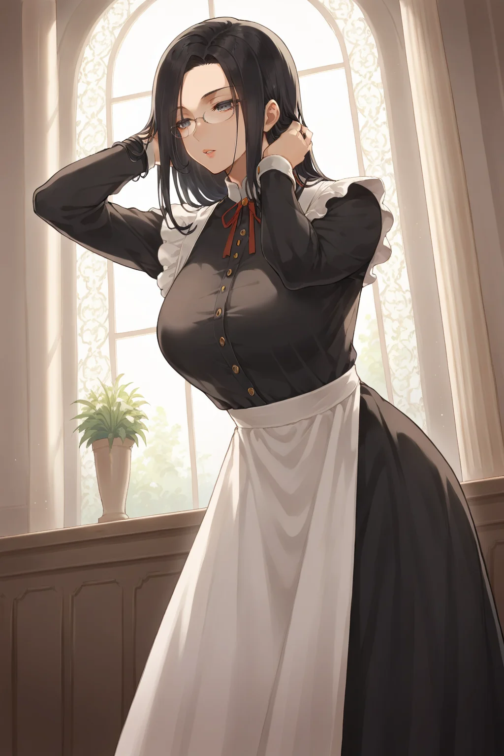 score_9, score_8_up, score_7_up, source_anime, 1girl, prefect lighting, very aesthetic, intricate details, highly detailed background, masterpiece, high quality, prefect hands, solo, best quality,
<lora:Martha_Throtem__V1-000009:.7>, black hair, grey eyes, half-closed eyes, parted bangs, long hair,
maid, maid apron, long skirt, glasses, long sleeves, 
expressionless, parted lips, adjusting hair, dutch angle, standing, leaning forward, cowboy shot, dutch angle, 
Inside, ballroom, pillars, crowded, night, 
(Beautiful, large Breasts:1.2), natural breasts,