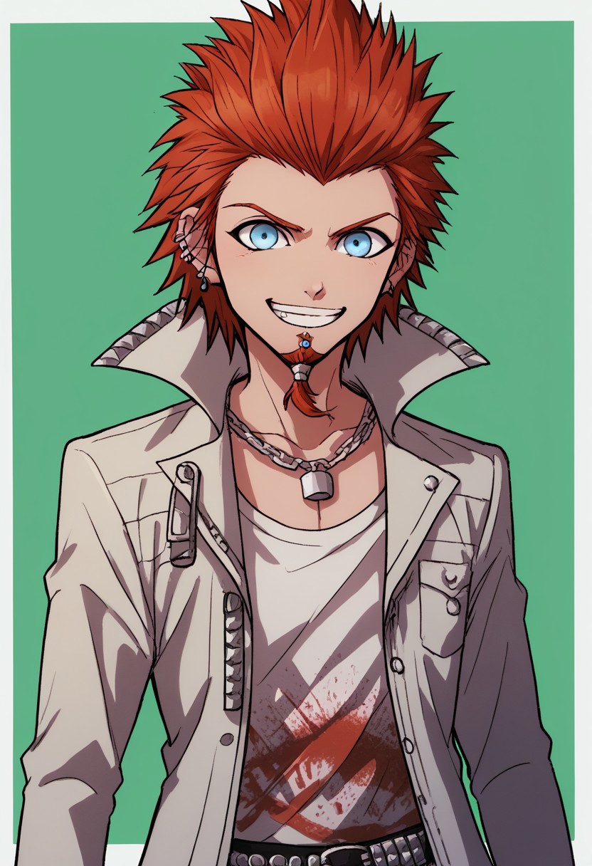score_9, score_8_up, score_7_up, source_anime, highly detailed, 
leokuwata, 1boy, solo, male focus, jewelry, smile, ring, red hair, spiked hair, grin, belt, earrings, blue eyes,
necklace, looking at viewer, jacket, chain, ear piercing, piercing, goatee, print shirt, upper body,
simple background, border,
