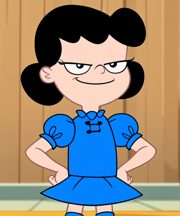 1girl, solo, povenmirestyle2, black hair, blue dress, puffy sleeves, hands on hips, smug, upper body, cartoon screencap, toon \(style\), <lora:povenmirestyle2>, <lora:Lucy_Van_Pelt_peanuts:0.8>,