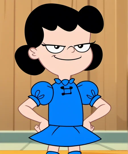 1girl, solo, povenmirestyle2, black hair, blue dress, puffy sleeves, hands on hips, smug, upper body, cartoon screencap, toon \(style\), <lora:povenmirestyle2>, <lora:Lucy_Van_Pelt_peanuts:0.8>,