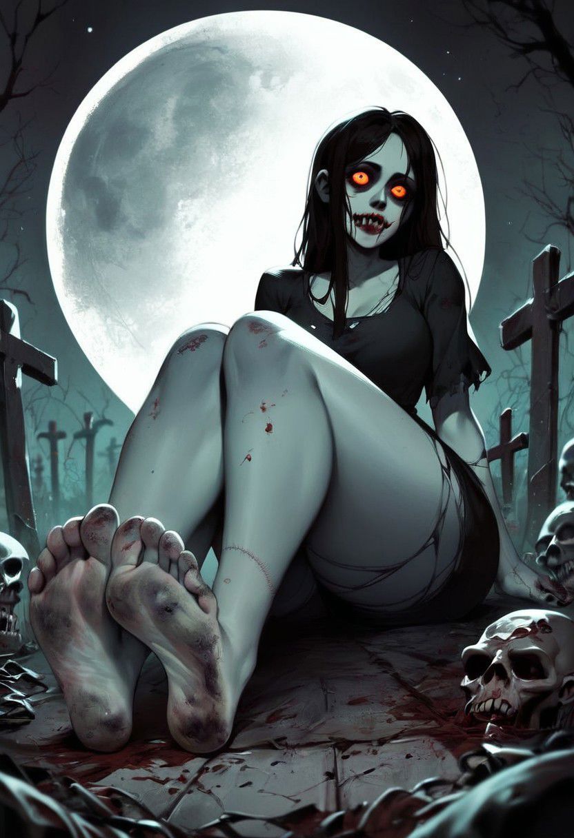 score_9, score_8_up, score_7_up, score_6_up, score_5_up, score_4_up,source_anime, 2d anime, zombie, zombie woman, zombie slut, sexy zombie, motion, erotic, porn, horror, dead eyes,, graveyard, night, full moon, sitting, showing feet, perfect feet, perfect soles, dirty feet