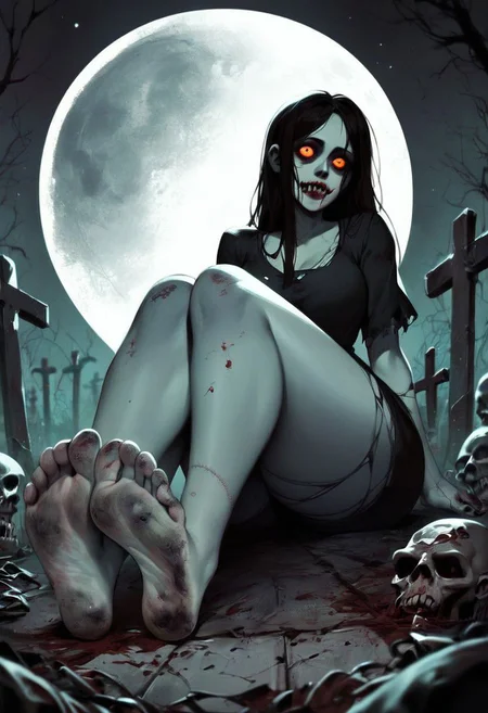 score_9, score_8_up, score_7_up, score_6_up, score_5_up, score_4_up,source_anime, 2d anime, zombie, zombie woman, zombie slut, sexy zombie, motion, erotic, porn, horror, dead eyes,, graveyard, night, full moon, sitting, showing feet, perfect feet, perfect soles, dirty feet