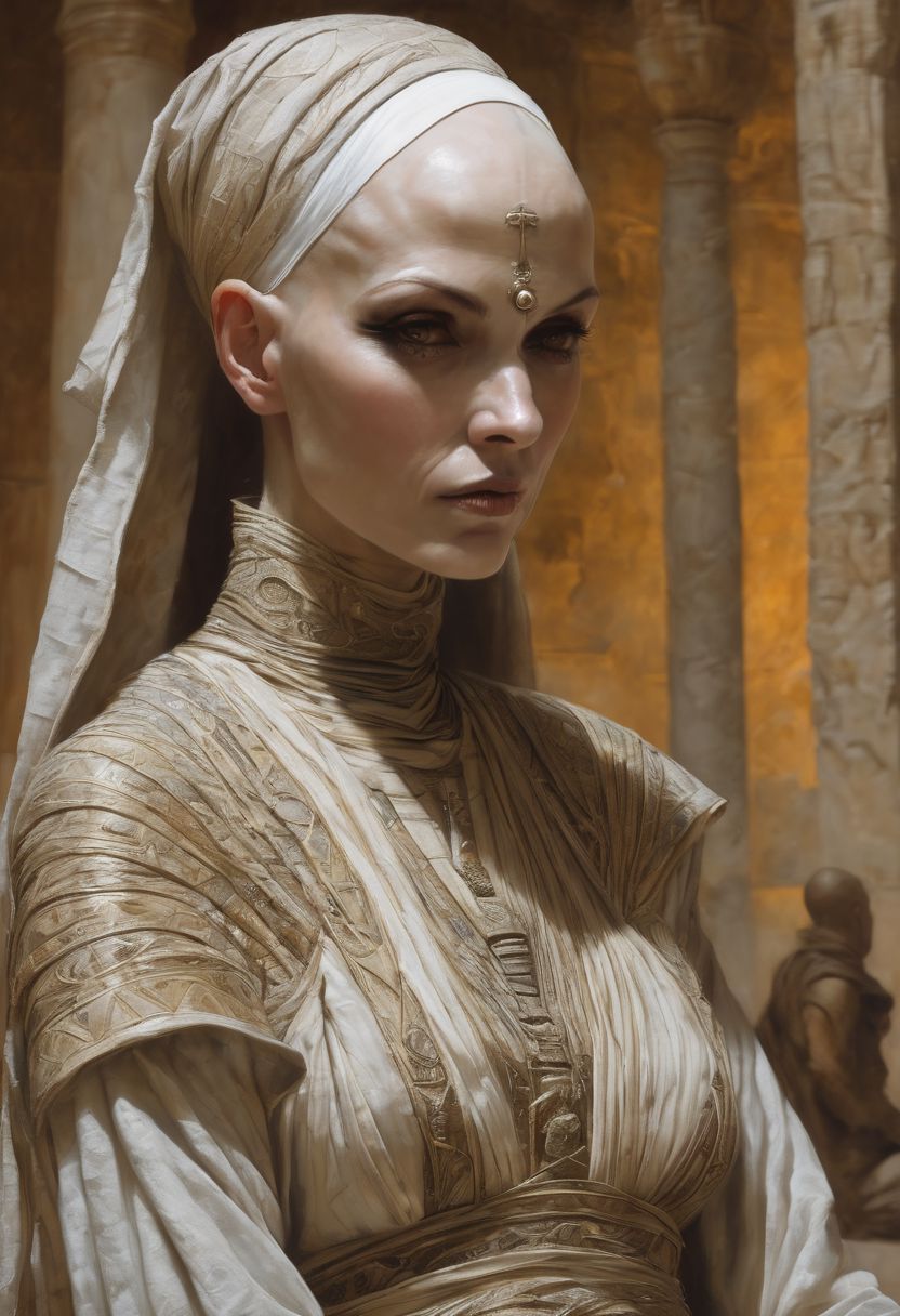 Asajj Ventress as a Mummu By Luis Royo and Basil Logos and Donato Giancola and Frank Xavier Leyendecker painted illustration: hips-up portrait of a scowling angray Asajj Ventress (pale and pallid skin, completely bald) wrapped in mummy linens, mummy wrapped in linen withered Persian face wandering alone in the Egyptology museum : dynamic action pose, 32k resolution, molecular precision.
