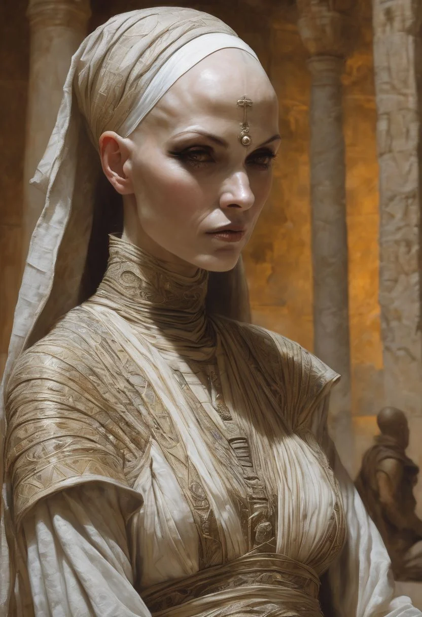 Asajj Ventress as a Mummu By Luis Royo and Basil Logos and Donato Giancola and Frank Xavier Leyendecker painted illustration: hips-up portrait of a scowling angray Asajj Ventress (pale and pallid skin, completely bald) wrapped in mummy linens, mummy wrapped in linen withered Persian face wandering alone in the Egyptology museum : dynamic action pose, 32k resolution, molecular precision.
