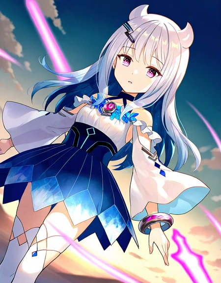 masterpiece, best quality, newest, absurdres, highres, safe, 1girl, hiiragi sakurako, magia record: mahou shoujo madoka magica gaiden, white thighhighs, energy sword, outdoors, dutch angle, <lora:eternal_sakura_noobaiXLNAIXL_vPred10Version:0.7>