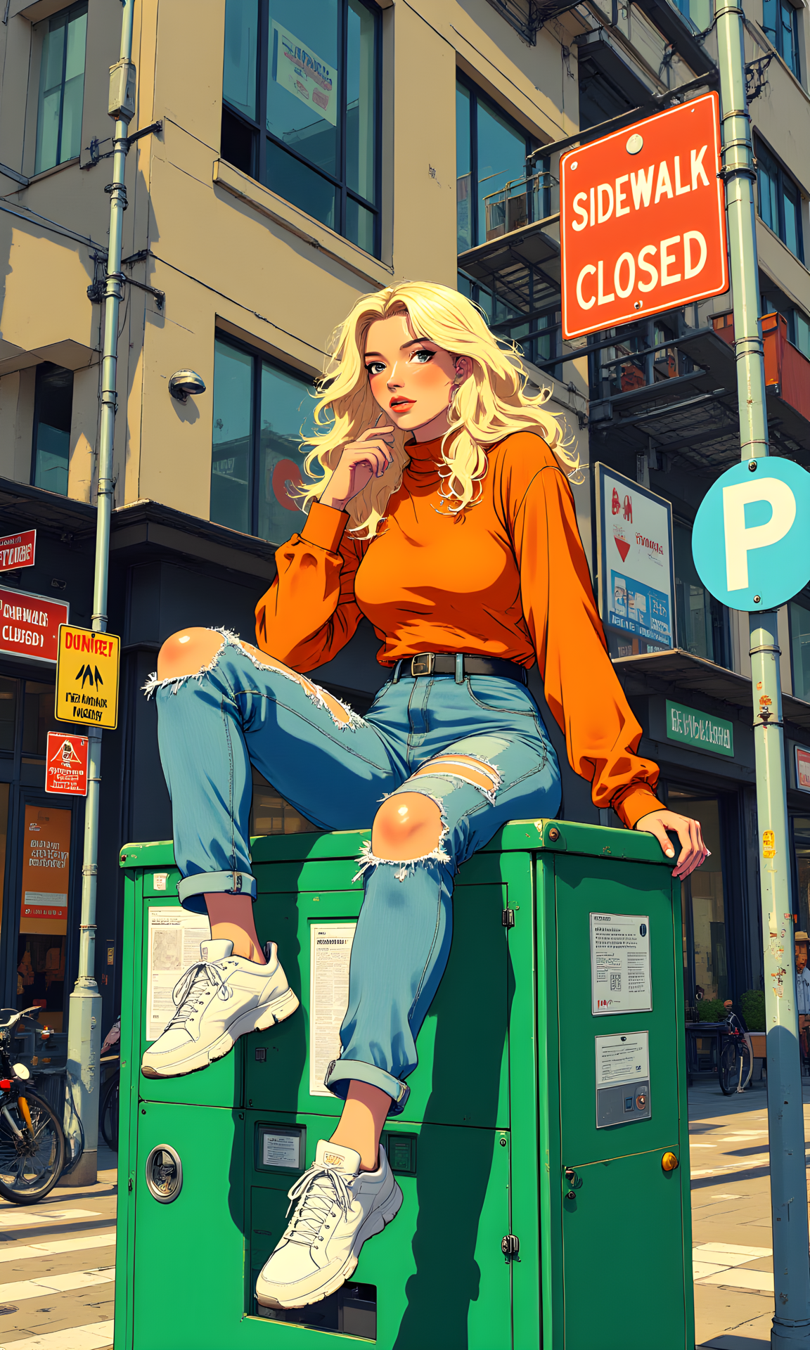 A woman sitting on top of a green newspaper vending machine. She has long, wavy blonde hair and is wearing a fitted, long-sleeved orange top paired with high-waisted, ripped blue jeans. Her casual yet stylish outfit is complemented by white sneakers.
Her facial expression is relaxed and confident. She appears to be looking off to the side, giving an air of nonchalance and ease. Her slightly parted lips suggest a subtle smile or a moment of thoughtfulness.
She is seated casually with her legs crossed at the ankles, one hand resting on her knee and the other near her face. This pose conveys a sense of comfort and spontaneity, as if she is taking a break or simply enjoying the moment.
The woman's outfit consists of a fitted, long-sleeved orange top that accentuates her figure. The high-waisted, ripped blue jeans add a touch of edginess to her look, while the white sneakers provide a clean and modern finish. The combination of colors and styles creates a balanced and fashionable appearance.
The camera is positioned at a low angle, looking up at the woman. This perspective emphasizes her height and the details of her outfit, making her the focal point of the image. The angle also captures the urban setting around her, adding context to the scene.
The lighting in the image is natural, likely from sunlight, given the clear shadows cast by the objects and the woman herself. The light highlights the texture of her clothing and hair, creating a warm and inviting atmosphere. The shadows add depth and dimension to the image, enhancing the overall visual impact.
The background features an urban street scene with various elements such as a "Sidewalk Closed" sign, a "Detour" sign, and a building with large windows displaying advertisements. The signs and the building provide a sense of location and context, suggesting that the photo was taken in a city environment. The muted colors of the background contrast with the vibrant colors of the woman's outfit, making her stand out even more.
The composition is dynamic and engaging, with the woman centered in the frame. The use of the low camera angle and the urban elements in the background create a sense of movement and energy. The lines of the signs and the edges of the buildings guide the viewer's eye through the image, drawing attention to the woman and her surroundings. The overall composition is well-balanced, capturing a candid and stylish moment in an urban setting.
BREAK j_art, <lora:FLUX\jul\J_Anime:1.0>, <lora:FLUX\RetroAnimeS1.1:0.0>, <lora:FLUX\GLSHS:0.0>, <lora:FLUX\Dieselpunk Delight - s0_9 g4:0.0>