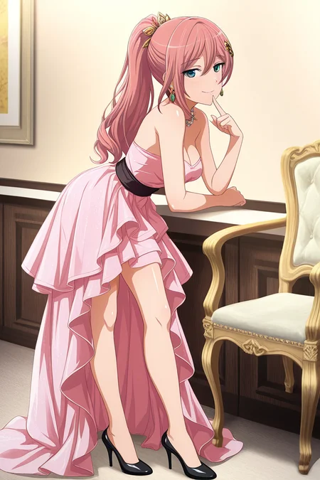 masterpiece, best quality, amazing quality,
 <lora:Yachiyo_IL:1> yachiyo, 1girl, solo, pink hair, long hair, high heels, dress, ponytail, earrings, jewelry, full body, looking at viewer, black footwear, chair, finger to mouth, indoors, pink skirt, smile, breasts, shiny hair, pink dress, standing, hair ornament, strapless, shiny, pumps