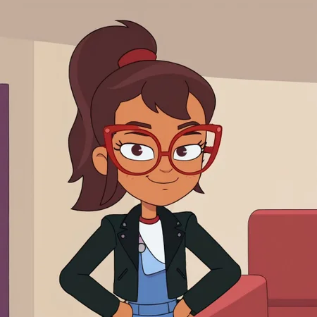 Hailey banks, 1girl, solo, young, slender, tan skin, upper body, smug, red and white shirt, long sleeves, blue overalls, black jacket, leather jacket, brown hair, sidelocks, ponytail, glasses, red glasses, closed mouth, indoors, hands on hips, looking at viewer