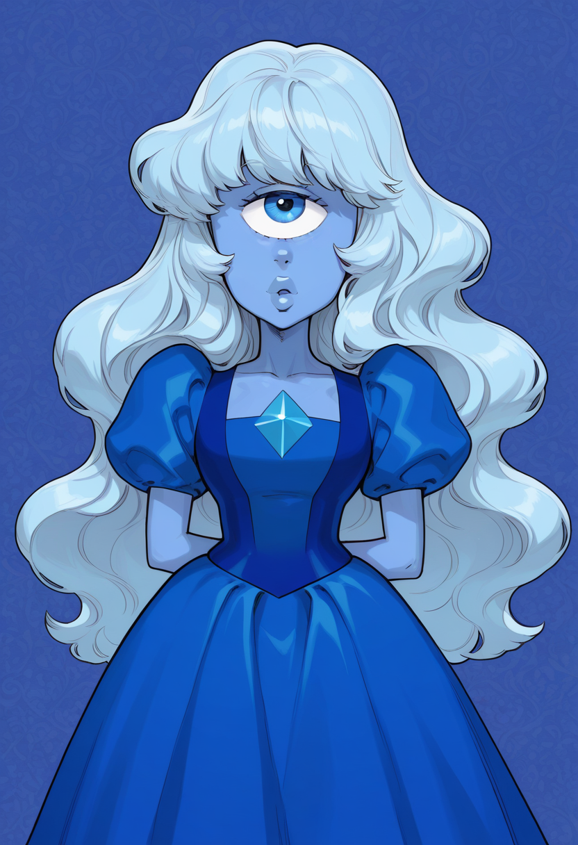 <lora:Sapphire_SU:1>,  <lora:AKinuNishimura_Style:1>, sapphire_(Steven Universe), blue dress,large hair, light blue hair, wavy hair, hair bangs, Cyclops, blue eye, blue color skin, wallpaper, very aesthetic,  thick lips, hands behind body