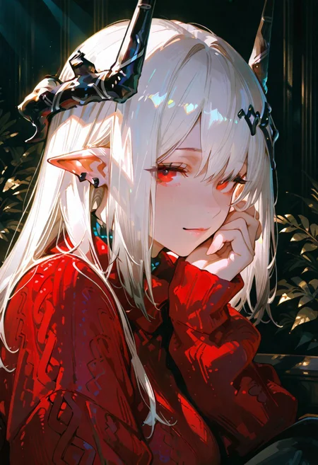 masterpiece, best quality, hyper-realistic, ultra-HD, luminous lighting, cinematic ambiance, shimmering gradients, ethereal glow, deep contrast, rich color tones, seductive atmosphere, captivating sensuality, Cinematic Lighting,
BREAK
raytracing, volumetric lighting, ambient occlusion, Background, girl,
BREAK
Mudrock \(Arknights\), red eyes, long hair, white hair, black horns, demon horns, pointy ears, hair ornament, ear piercing, Festive Sweater Look,