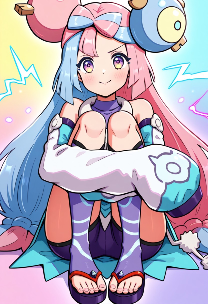 hinosaki, [[pokemoa, gonzarez]], 2d, masterpiece, best quality, amazing quality, 1girl, solo, close-up, sitting, hugging own legs, lower body, foot focus, looking at viewer, multicolored background, sparkle, rainbow background, colorful background, electricity, sparks, sygiono, ex colors, purple hair, blue hair, purple eyes, bow-shaped hair, low-tied long hair, character hair ornament, purple shirt, sleeveless dress, two-tone dress, [white dress], (aqua dress), detached sleeves, aqua sleeves, white sleeves, white collar, bare shoulders, sleeves past fingers, oversized clothes, yellow sash, purple shorts, toeless legwear, purple legwear, kneehighs, sandals, purple footwear
