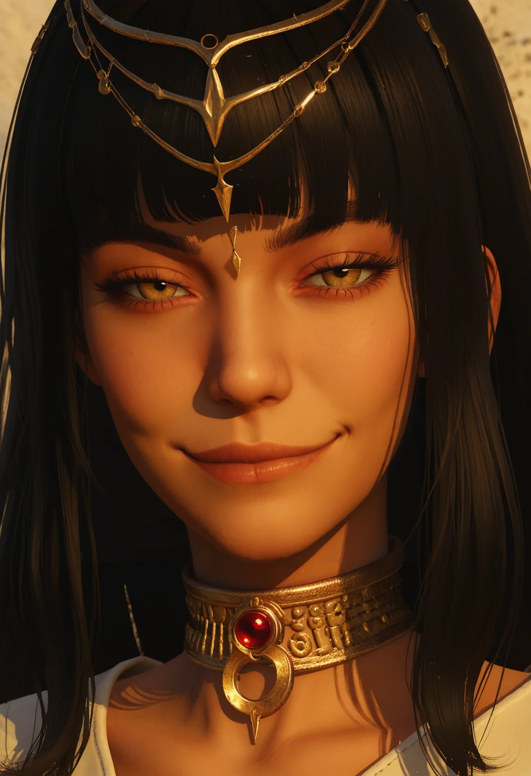 score_9, score_8_up, score_7_up,
1girl, solo, close-up, portrait, looking at viewer, half-closed eyes, smirk, head chain, usekh collar,
<lora:Dark_Maat_Pony_v1.0:0.8> d4rkm44t, hime cut, yellow eyes,