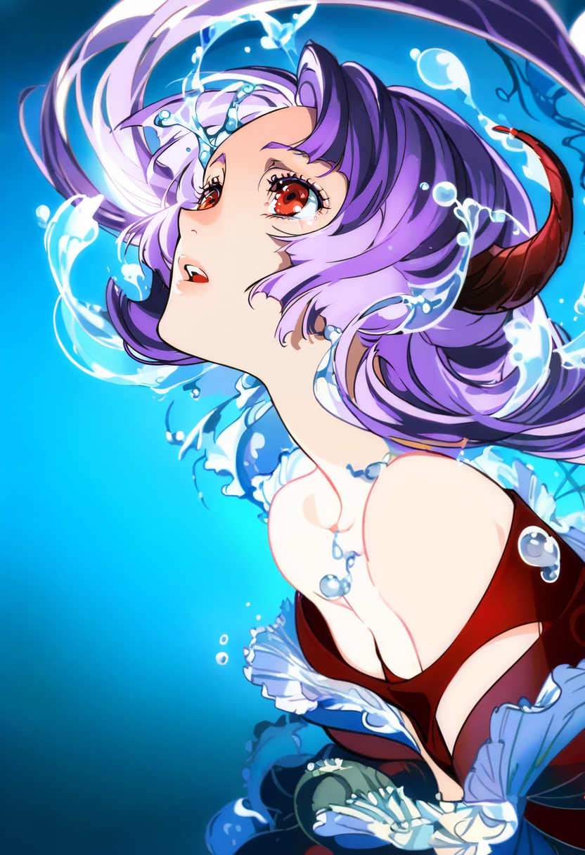 1girl, solo, red eyes, horns, purple hair, water, open mouth, looking up, tears, long hair, single horn, dress, bare shoulders, bubble, from side <lora:yoneyamaiXL_NBVP1_lokr_V6311PZ:0.95>