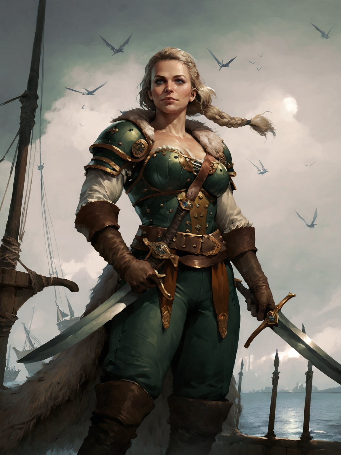 adult woman, mature, blonde hair, single braid, blue eyes, large breasts, muscular female, pirate, ship, gloves, green armor, shoulder armor, fur cape, standing, holding, holding sword, on ship, forest background, night, grey sky, solo, dynamic angle,<lora:GWENTXLV3:0.8>, score_9, score_8_up, score_7_up, realistic