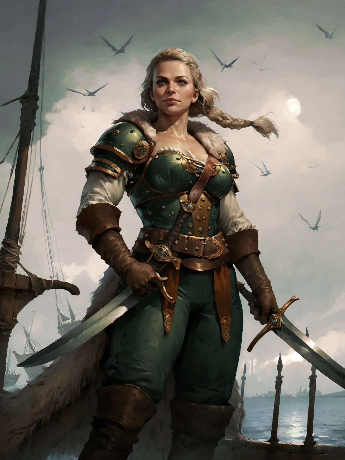 adult woman, mature, blonde hair, single braid, blue eyes, large breasts, muscular female, pirate, ship, gloves, green armor, shoulder armor, fur cape, standing, holding, holding sword, on ship, forest background, night, grey sky, solo, dynamic angle,<lora:GWENTXLV3:0.8>, score_9, score_8_up, score_7_up, realistic