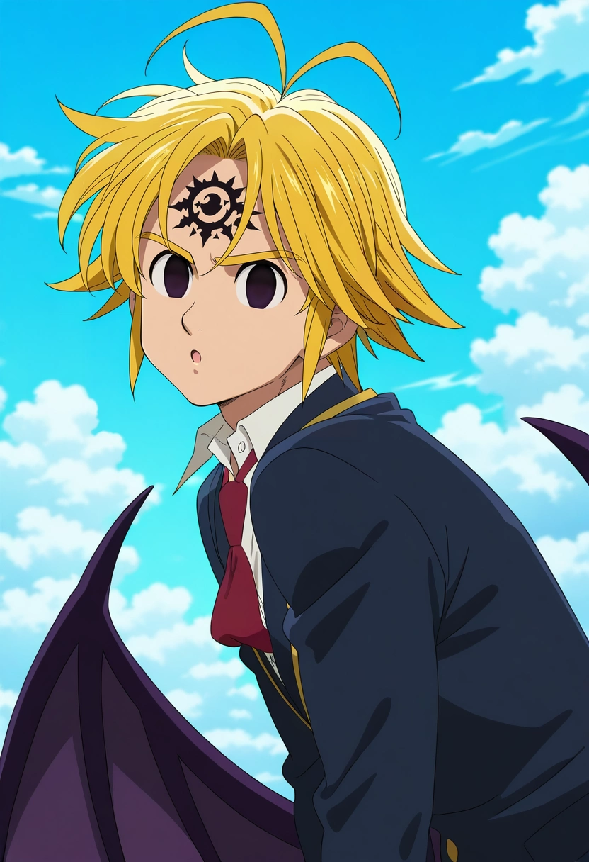 masterpiece, best quality, , anime screencap, anime coloring, official style, looking at viewer, 1boy, solo, male focus, <lora:meliodas_nanatsu_no_taizai_ilxl:0.96>, meliodas_nanatsu_no_taizai, blonde hair, short hair, antenna hair, facial mark, empty eyes, black eyes, forehead mark, demon form, demon outfit, from side, armory, day, clouds, leaning forward, :o, blazer,
