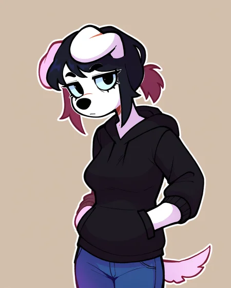 score_9_up, score_8_up, score_7_up, score_6_up, by remanedur, half-length portrait, medium breasts, black hair, dog, white body, floppy ears, black topwear, hoodie, ponytail, female, hands in both pockets, looking at viewer, tail, solo, neutral expression, jeans, three-quarter view, head tilt, simple background, white outline, <lora:PDXL_artist_tags_v2_big:0.5> <lora:The-Minuscule-Task_PDXL_v1.0:0.6> <lora:Teddy_bearsockz:0.7>