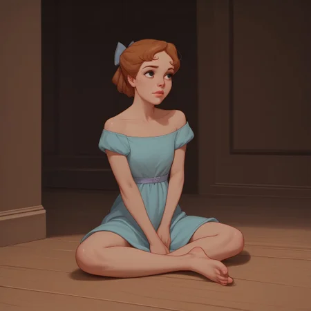 score_9, score_8_up, score_7_up, score_6_up, score_5_up, score_4_up, 1girl, wen_dy, sitting on the floor, barefoot