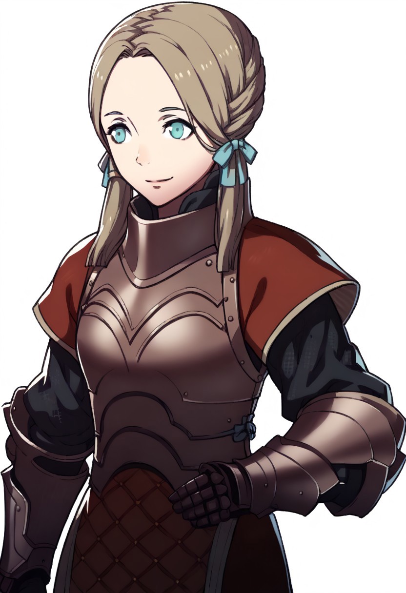 score_9, score_8_up, score_7_up, source_anime, 1girl, solo, fatesportraits, portraits, white background, smile, flechefe, blue eyes, medium hair, brown hair, low twintails, hair over shoulders, hair ribbon, red armor, breastplate, armored dress, red dress, short dress, chainmail, gauntlets, red pants