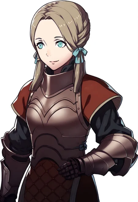 score_9, score_8_up, score_7_up, source_anime, 1girl, solo, fatesportraits, portraits, white background, smile, flechefe, blue eyes, medium hair, brown hair, low twintails, hair over shoulders, hair ribbon, red armor, breastplate, armored dress, red dress, short dress, chainmail, gauntlets, red pants