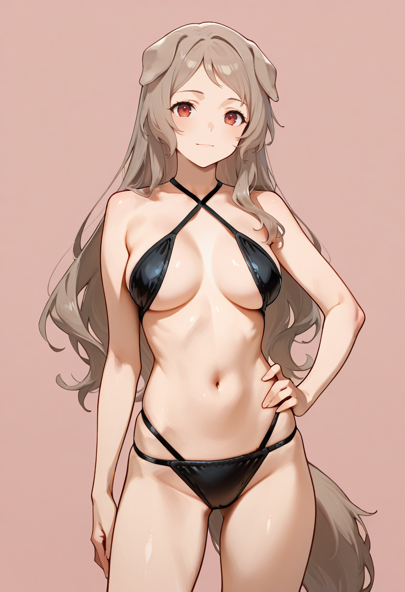 masterpiece, best quality,
1girl, solo, cowboy shot,
standing, hand on own hip,
looking at viewer, light smile,
<lora:Pursena_Adoldia:1> P0rs3n44d0ld14, dog girl, long hair, brown hair, grey hair, dog ears, dog tail, animal ears, red eyes, medium breasts, 
simple background, pink background,            <lora:X_micro_bikini:0.6> X_m1cr0_b1k1n1, criss-cross halter, bikini,