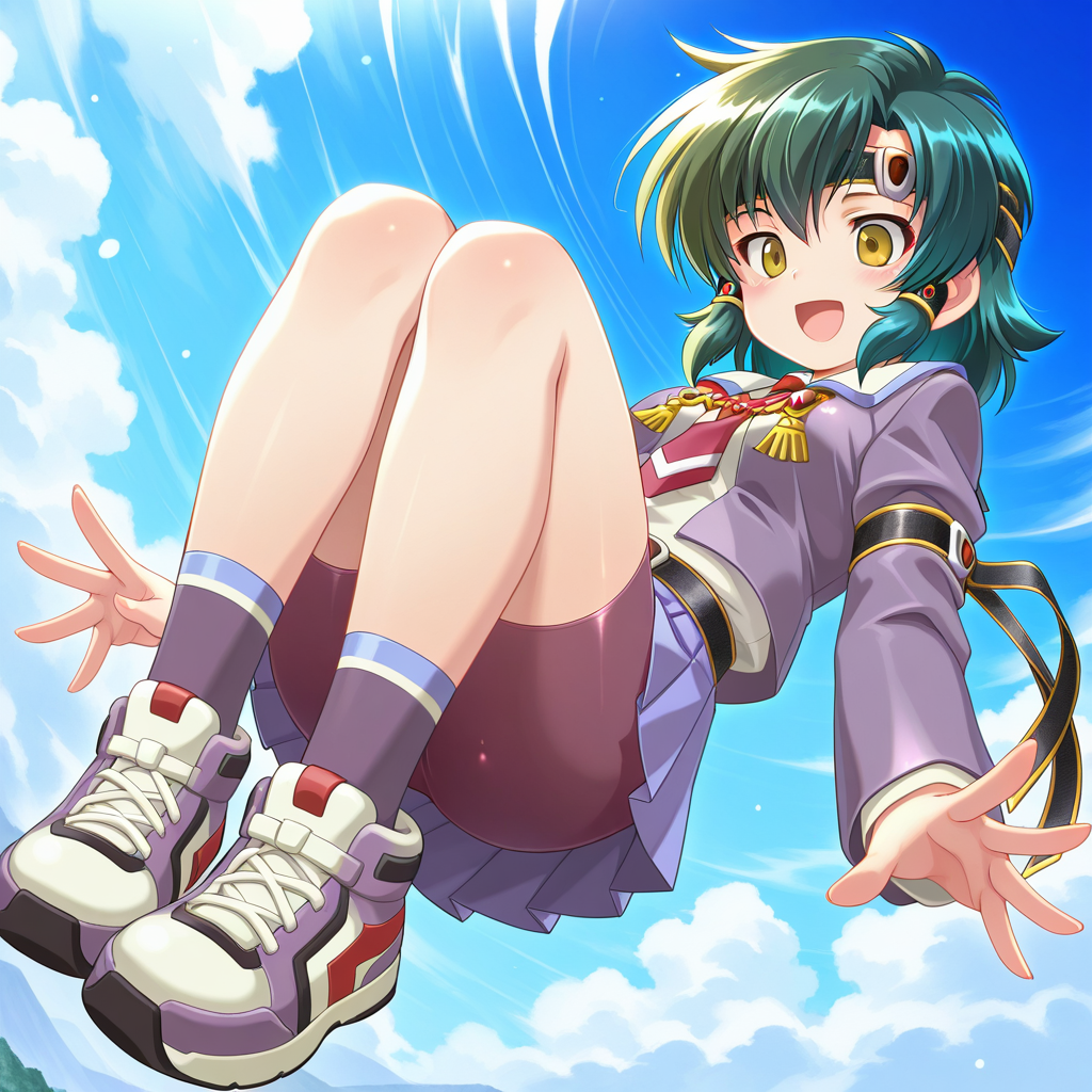 1girl,solo,<lora:IL_noki_welkin_Neosphere_of_the_Deep-Blue_Sky:1>,neo_nk,noki welkin,green hair,green eyes,dutch angle,cowboy shot,headband,hair tubes,
school uniform,(armband,length:1 m),pleated skirt,bike shorts,belt,
sneakers,socks,knees up,(floating:1.3),from below,open smile,blush,, masterpiece,best quality,amazing quality,very aesthetic,absurdres,