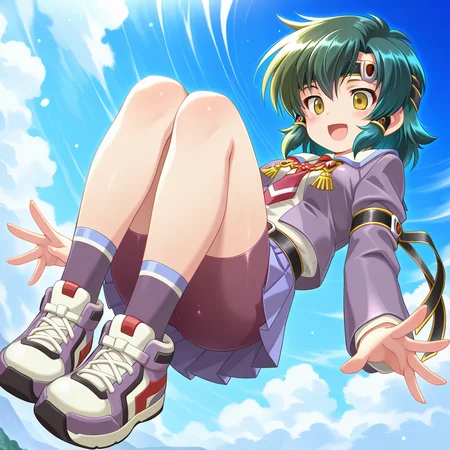 1girl,solo,<lora:IL_noki_welkin_Neosphere_of_the_Deep-Blue_Sky:1>,neo_nk,noki welkin,green hair,green eyes,dutch angle,cowboy shot,headband,hair tubes,
school uniform,(armband,length:1 m),pleated skirt,bike shorts,belt,
sneakers,socks,knees up,(floating:1.3),from below,open smile,blush,, masterpiece,best quality,amazing quality,very aesthetic,absurdres,