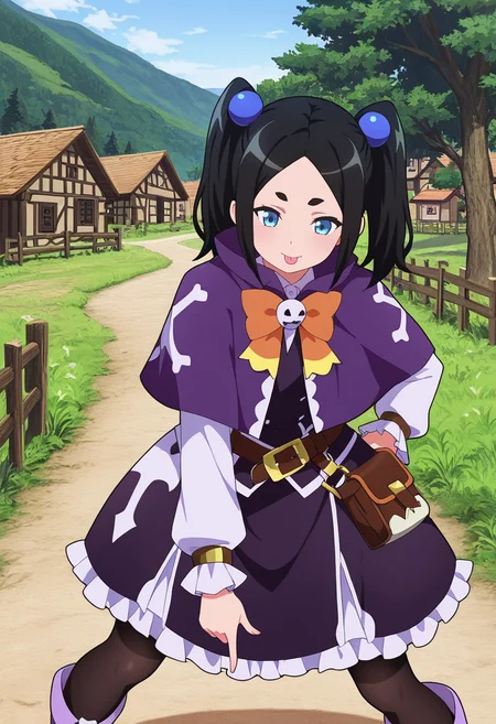 Smooth Quality,masterpiece,very intricate, high quality details, ultra realistic, high detailed skin,detailed enviorement,absurdres,
pointing down,solo,
village, houses, road, fence, sky, trees, field, path,,
 <lora:Dannar_Toxico_CNR:0.7> toxico_cnr, 1girl,black hair, twintails, blue eyes, thick eyebrows,
toxico_def_cnr, frilled dress, purple capelet, skirt, long sleeves, frills, belt, black pantyhose, purple footwear,hair bobbles,orange bow, bowtie,, :p,