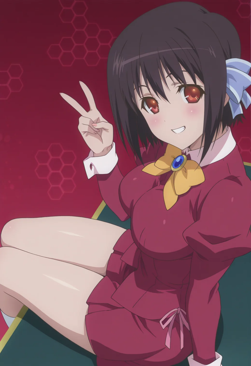 anime screencap, anime coloring, <lora:DX888Tomomi:1> saikyou tomomi, red eyes, black hair, short hair BREAK simple background, red background, (honeycomb background:1.2),  BREAK hair ribbon, school uniform, bow, brooch, puffy sleeves, long sleeves, red shirt, red skirt BREAK    1girl, blush, breasts, grin, gyaru v,  looking at viewer, sitting, solo, thighs, v, arm support, (from above:1.2), (from side:0.9)