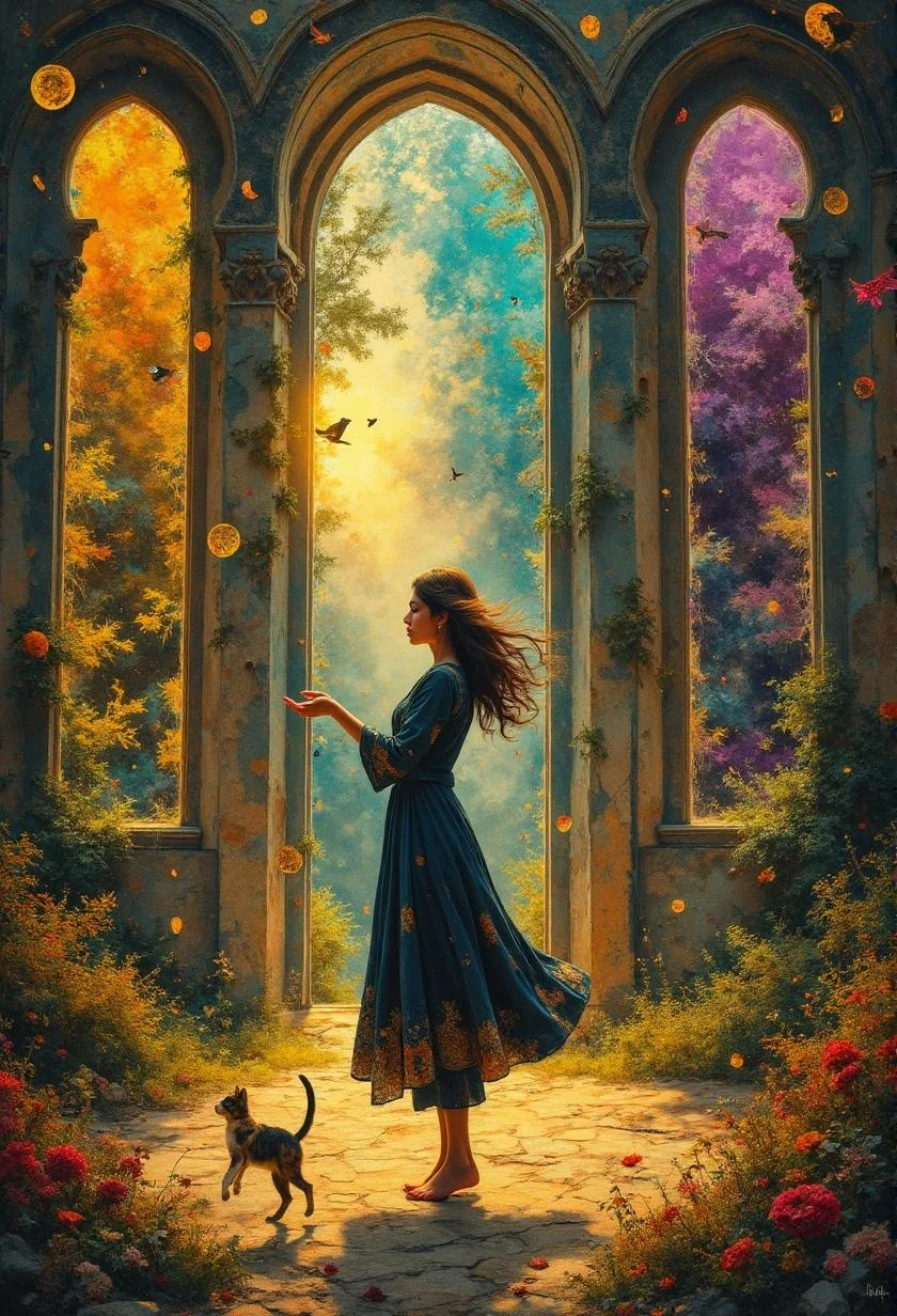 <lora:flux-collagestyle.safetensors:1> darkfantasycollagestyle
In the heart of a sunlit, serene room, a 35-year-old woman with soft, chestnut brown hair and a gentle demeanor stands amid a tapestry of glowing portals. Her traditional Sikh attire, a deep blue kurti and matching salwar, contrasts elegantly with the warm, natural lighting that filters through large, arched windows. The room, with its soft yellow and beige tones, exudes a sense of calm and serenity, much like a sanctuary for the soul.
Before her, four glowing portals float in the air, each a gateway to a different world. To her left, a portal shimmering with vibrant greens and blues leads to a world of adventure, where lush forests and cascading waterfalls beckon the brave. A floating icon of a sword and shield hovers nearby, hinting at the challenges and triumphs that await.
To her right, another portal glows with deep purples and mysterious shadows, inviting the curious to a realm of mystery and intrigue. A floating magnifying glass and a candle icon float near this portal, symbolizing the pursuit of truth and the unraveling of enigmas.
Directly in front of her, a portal bathed in golden hues and adorned with intricate patterns leads to a world of fantasy, where magic and wonder reign supreme. A floating wand and a book icon float nearby, hinting at the spells and stories that lie within.
Behind her, a portal shrouded in dark grays and eerie reds leads to a world of horror, where the unknown lurks in every shadow. A floating skull and a raven icon float near this portal, warning of the dangers that lie ahead.
In the center of the room, a calico cat, now a graceful and regal adult, leaps with elegance and poise, its intricate fur patterns catching the light. The scene, transformed into a level select screen, invites the viewer to step into the world of their choosing, each portal a promise of a new adventure, a new mystery, a new fantasy, or a new challenge.